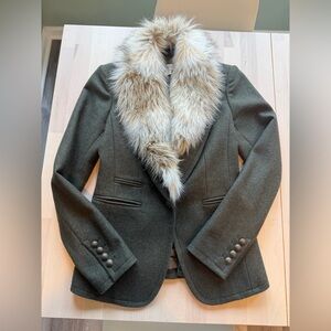 Ann Taylor Loft Khaki Green Blazer with Detachable Faux Fur Collar